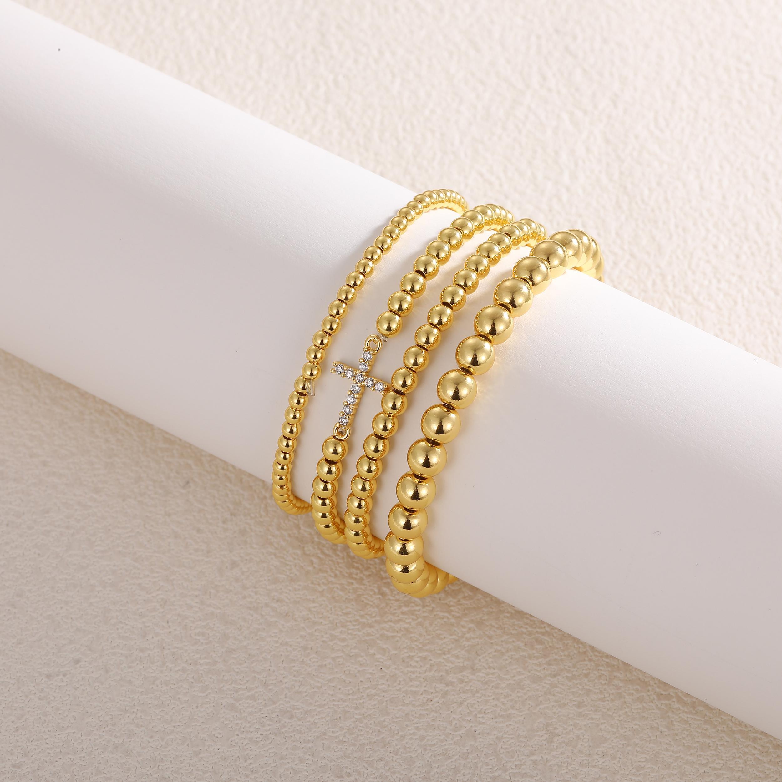 CAROVO Gold Beaded Bracelets Set for Women - Valentines Gifts for Her 14k Gold-Plated Dainty Round Bead Cross Bracelet for Women Gifts Stackable Bracelet Jewelry 4 PCS