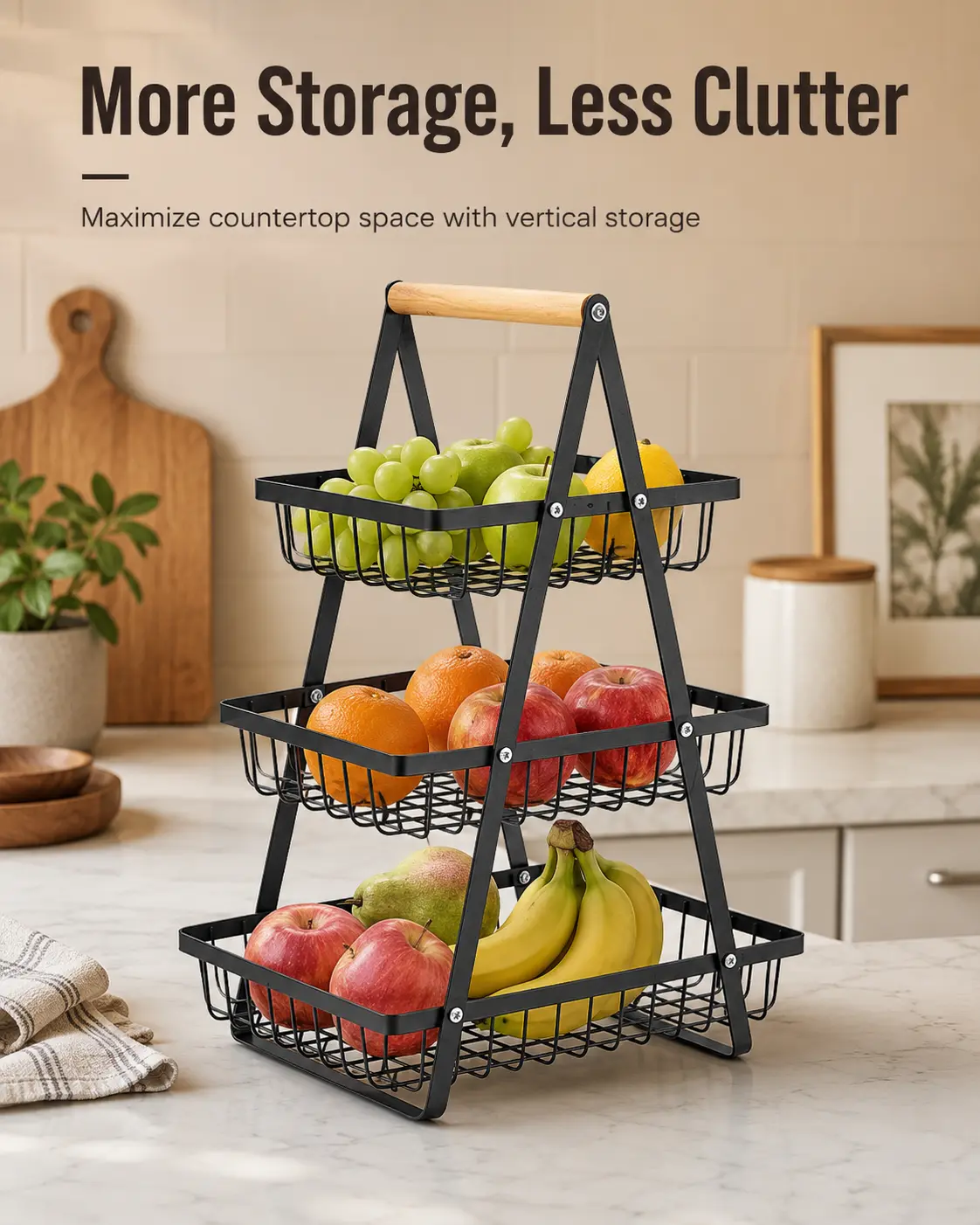 Metal Wire Fruit Racks with Wooden Handle - 2-Tier or 3-Tier Space-Saving Countertop Organizer for Kitchen, Pantry, Vegetables, Bread, Snacks