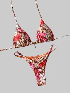 Women's Beach Outfit Random Print Spaghetti Strap Metal Decor Sexy Bikini Set for Summer Beach Vacation Multicolor Triangle Cup Halter Neckline