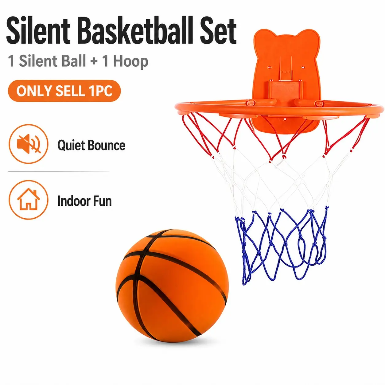 Quiet Indoor Basketball Set, Low Noise Basketball, Noise-Free Rebound Ball & Hoop, Quiet Practice Ball, Noiseless Rebound Ball and Hoop for Silent Indoor Play, Ball Sports Equipment