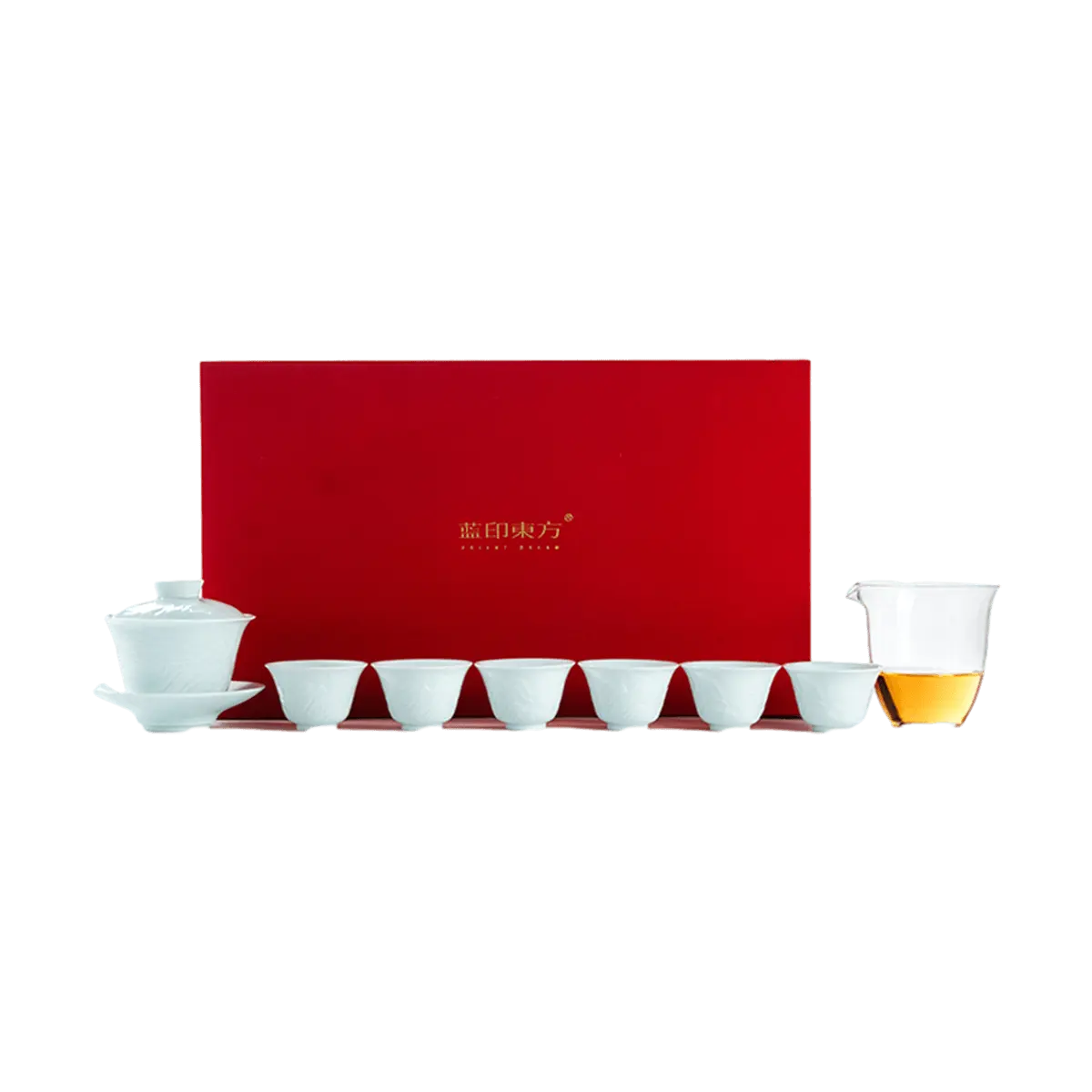 Lanyindongdong Jingdezhen Ceramic Kung Fu Tea Set, Chinese Style Mountain Landscape Embossed Gaiwan Tea Ceremony Gift Box, Includes 1 Gaiwan, 6 Tea Cups, 1 Glass Gong Dao Bei - Yingqing Style