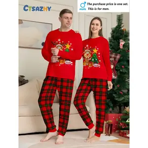 MEN/WOMEN couple Christmas long-sleeved shirts and long pants, home wear and pajamas set, reindeer Christmas tree gift box, snowflake element printed top and classic red and black checkered pants with round neck design, men's or women's single set