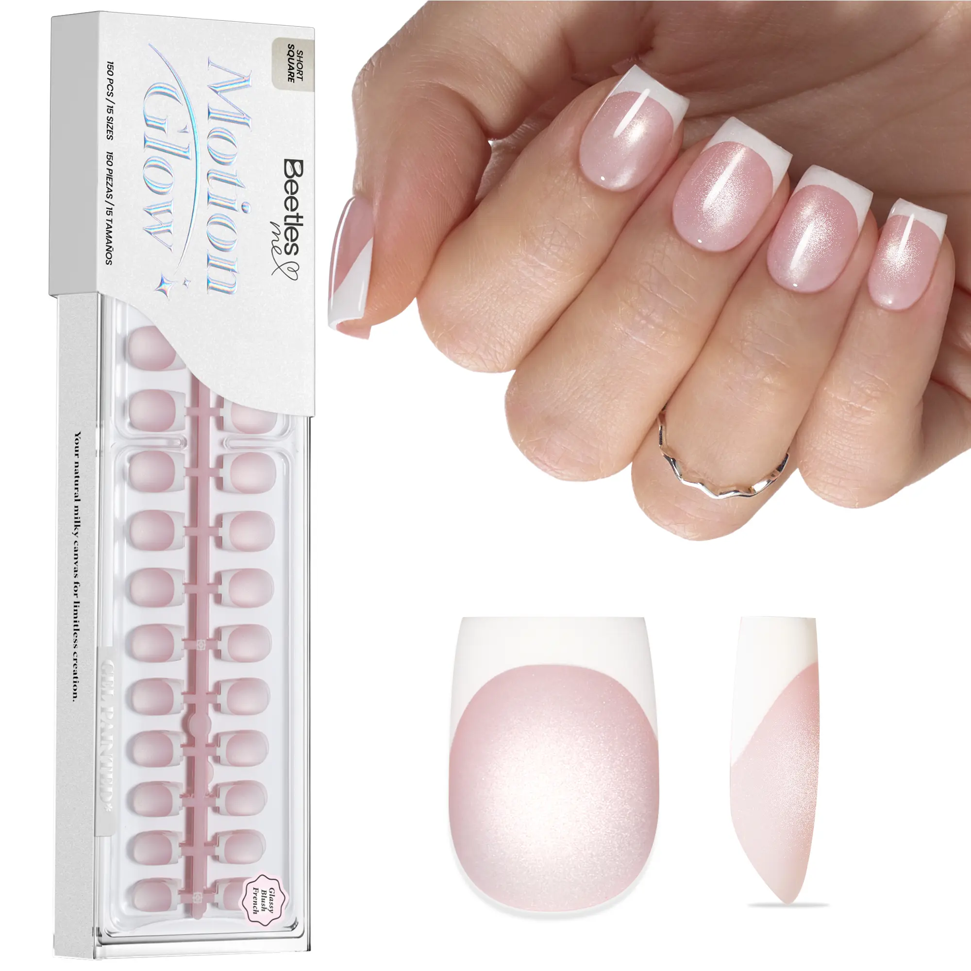 Beetles Cat Eye Press on Nails Gel Painted Cat Eye French Tips Full Cover Soft Nail Gel Fake Nails, Salon-Gel Look for DIY Manicure