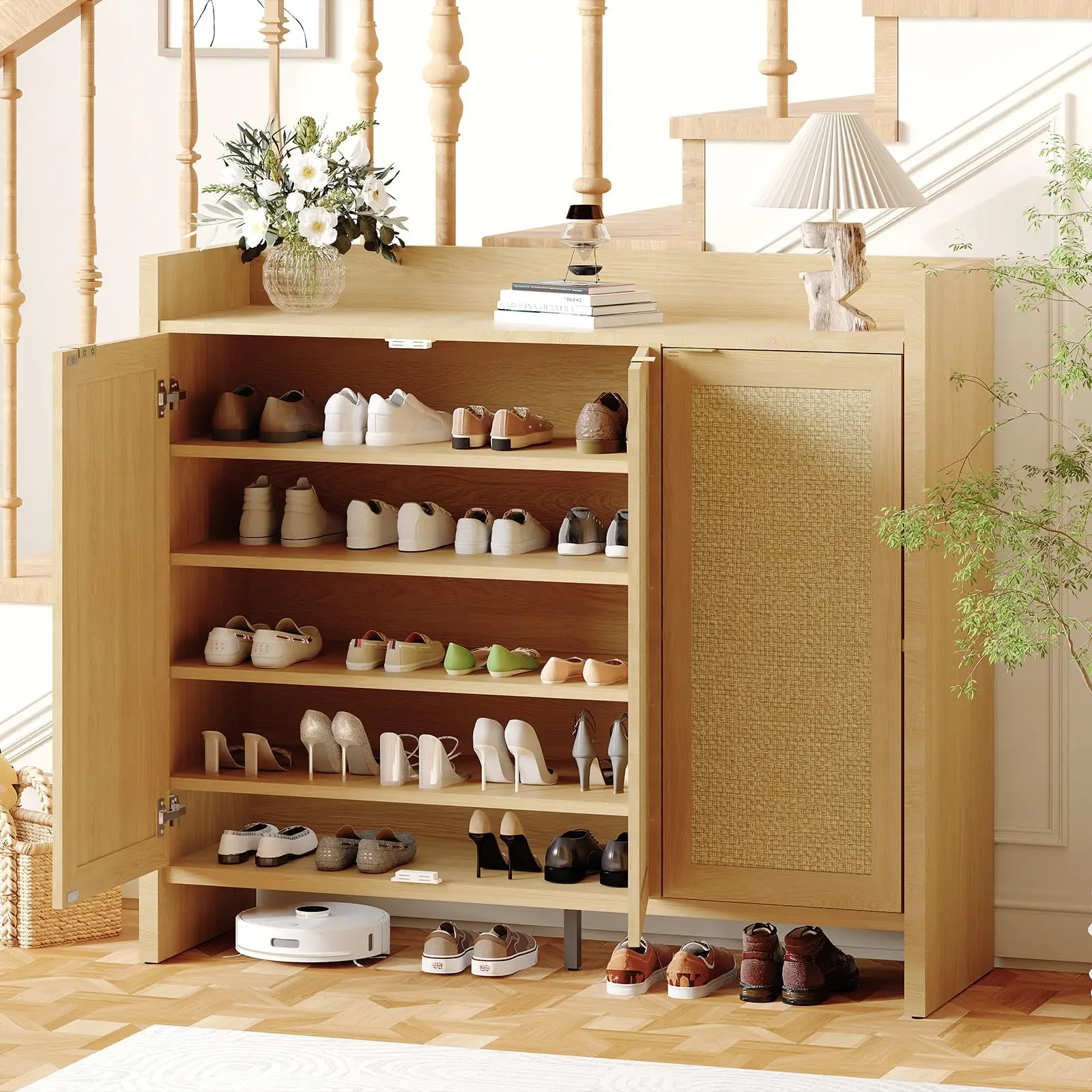 Garvee 47in Sturdy Freestanding 5-Layer Wooden Boho Rattan Weave Door Shoe Storage Cabinet - Minimalist Farmhouse Organizer with Adjustable Shelves, Fast Assembly, Shelf Fit for Shoes, Open Base for Hallway, Bedroom