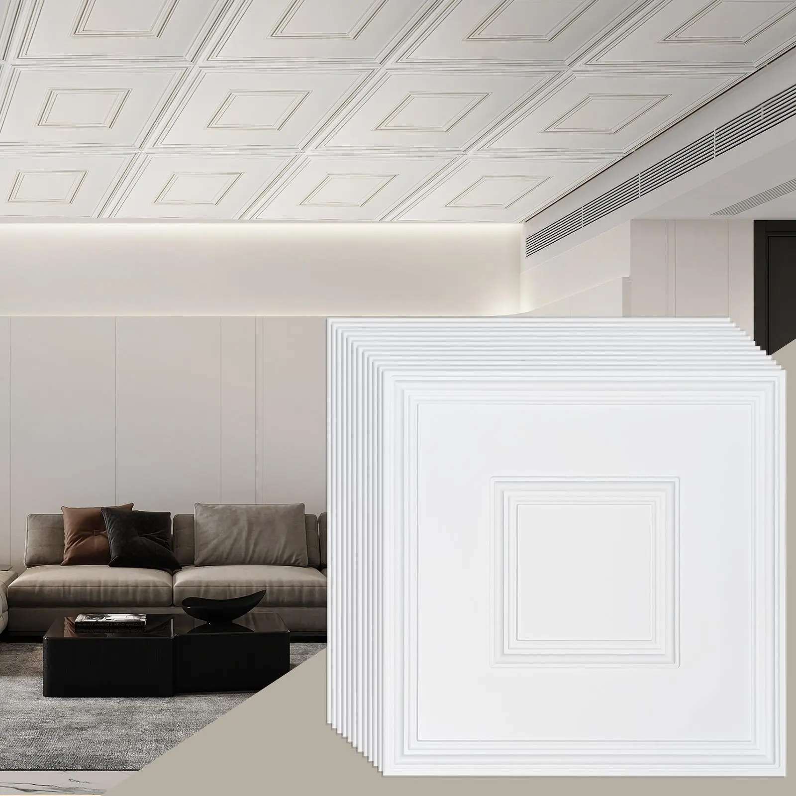 【SummerFinds】VEVOR Ceiling Tiles,  12-Pack 24 x 24 in, Drop Ceiling Tiles Premium PVC Sheet, Easy Installation/ Cutting Plastic Glue-up Ceiling Tile, Ceiling Covering for Home/Office Decoration, White Geometric