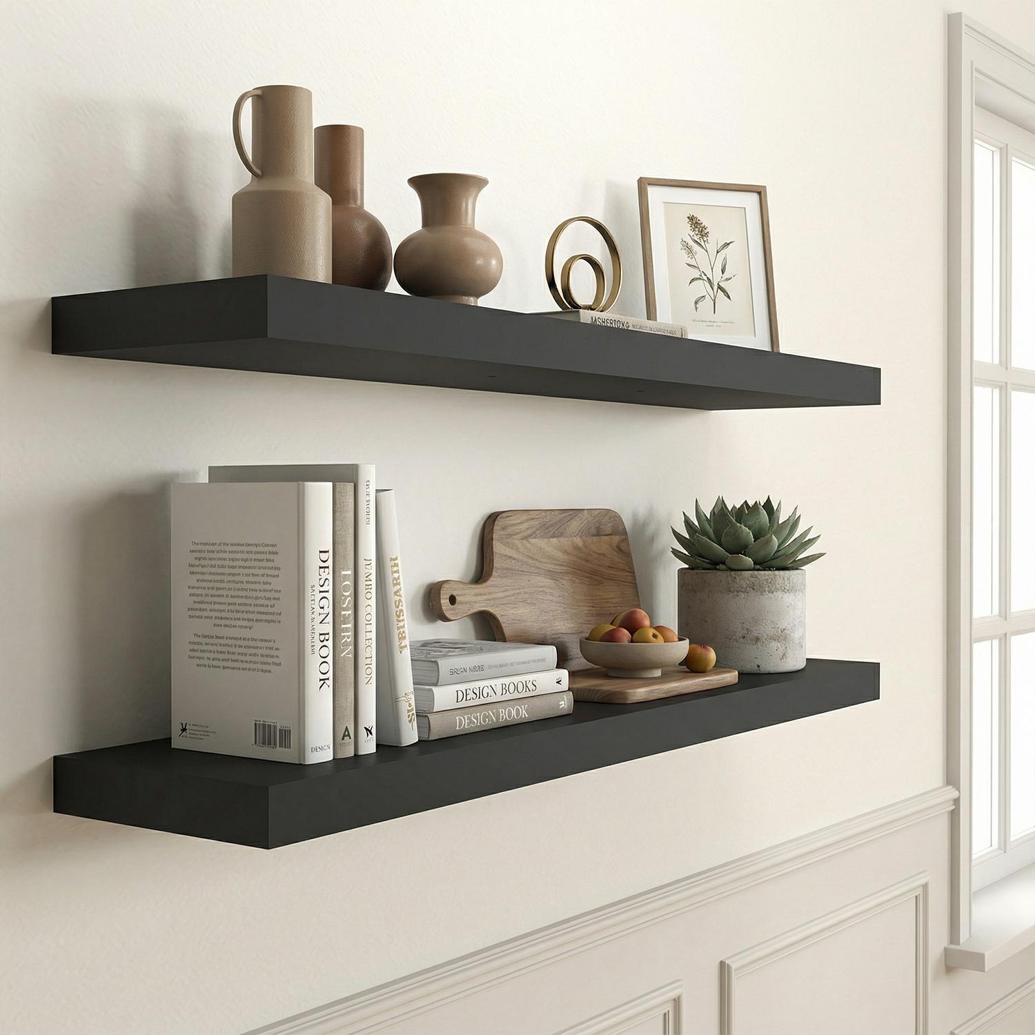 Spaco 35.4" Maple Black Floating Wall Shelves - Modern Wood Storage for Bathroom, Bedroom, Kitchen & Living Room (Invisible Brackets, Decorative & Functional for Books & Organization)