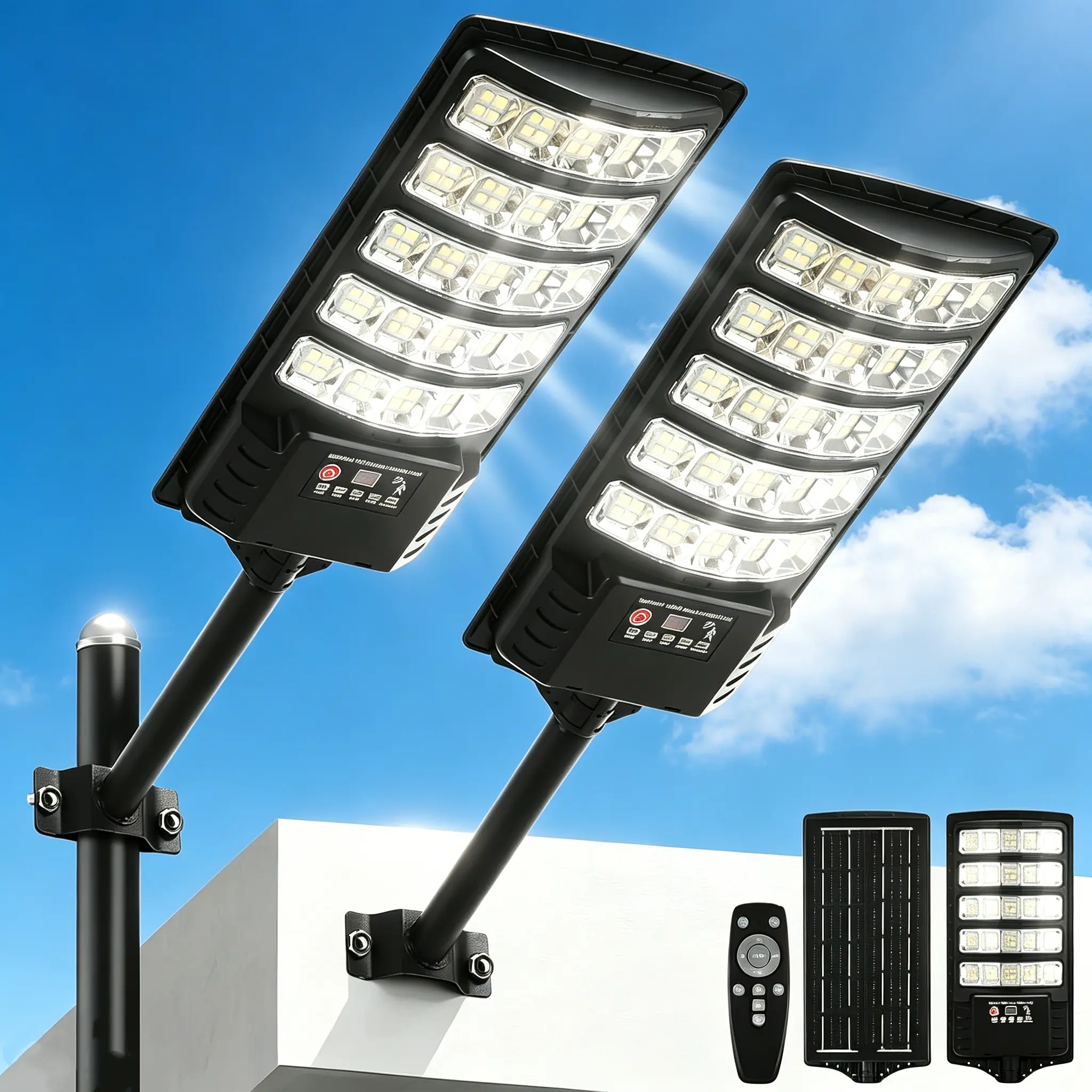 2PACK Commercial Solar Street Light Outdoor Waterproof 7000K LED Motion Sensor Dusk to Dawn for Yard Garage Terrace Garden Parking Lot Driveway Fence Barn IP66 Rated Yard Lighting Led Solar Lights Solar Powered Lighting