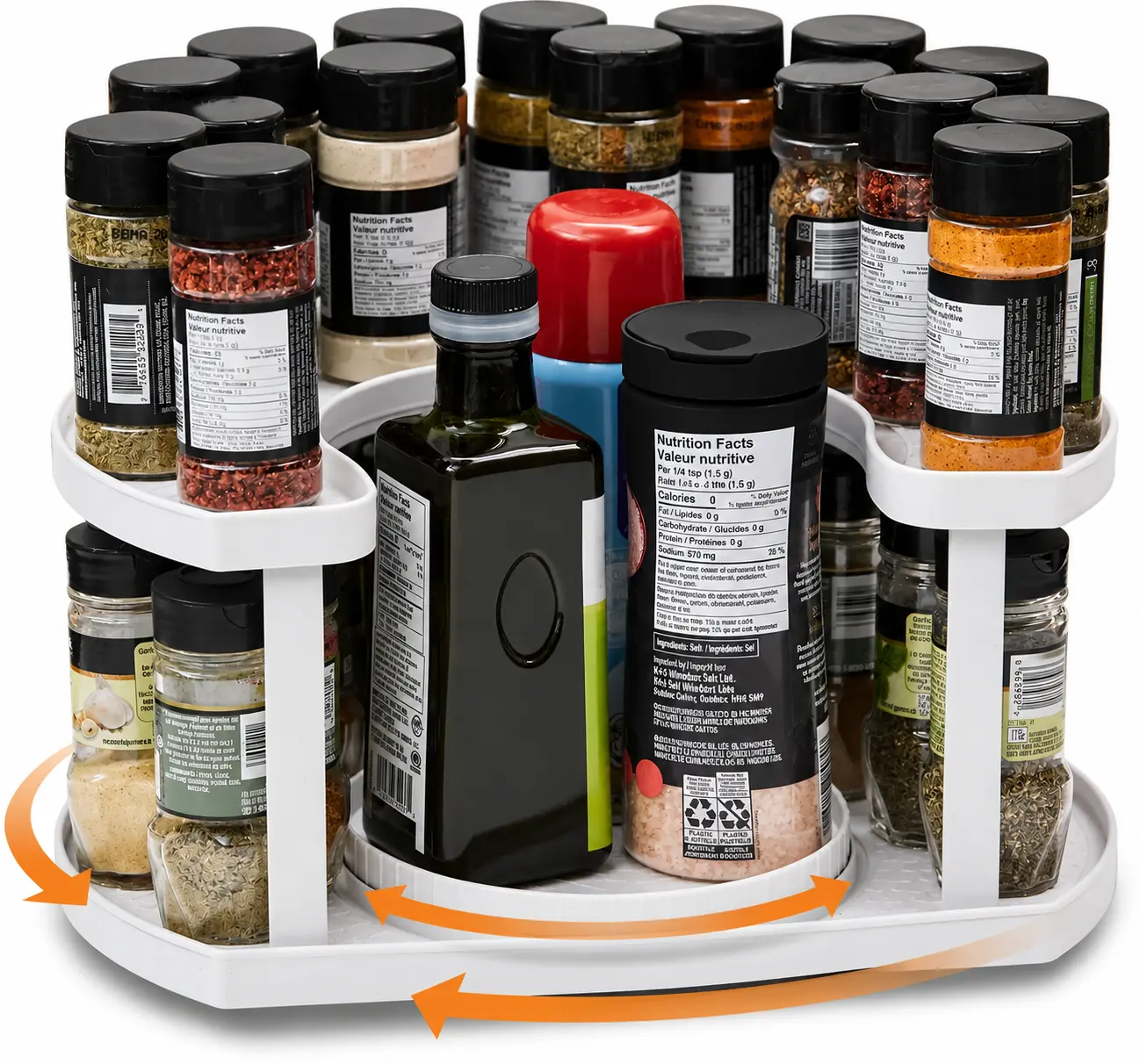 Stow-n-Spin 2-Tier Spice Rack Organizer for Cabinet | Rotating Lazy Susan Spice Organizer Holds 40 Spice Jars | Countertop & Pantry Spice Shelf for Kitchen Organization & Storage (Gray)