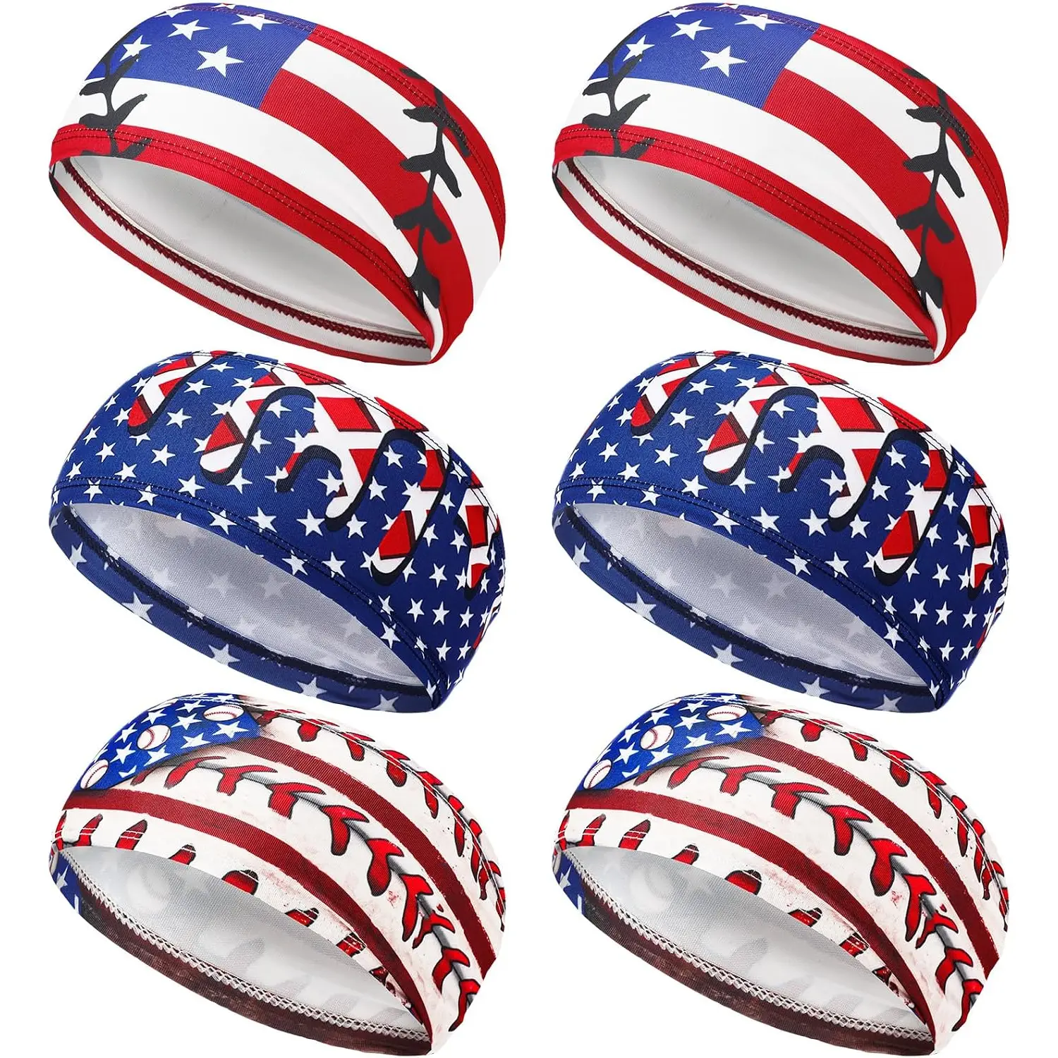 6 Pack American Flag Sports Headbands for Teens USA Baseball Sweatbands Red White Blue Stretch Hair Bands for Baseball Basketball Football Cycling