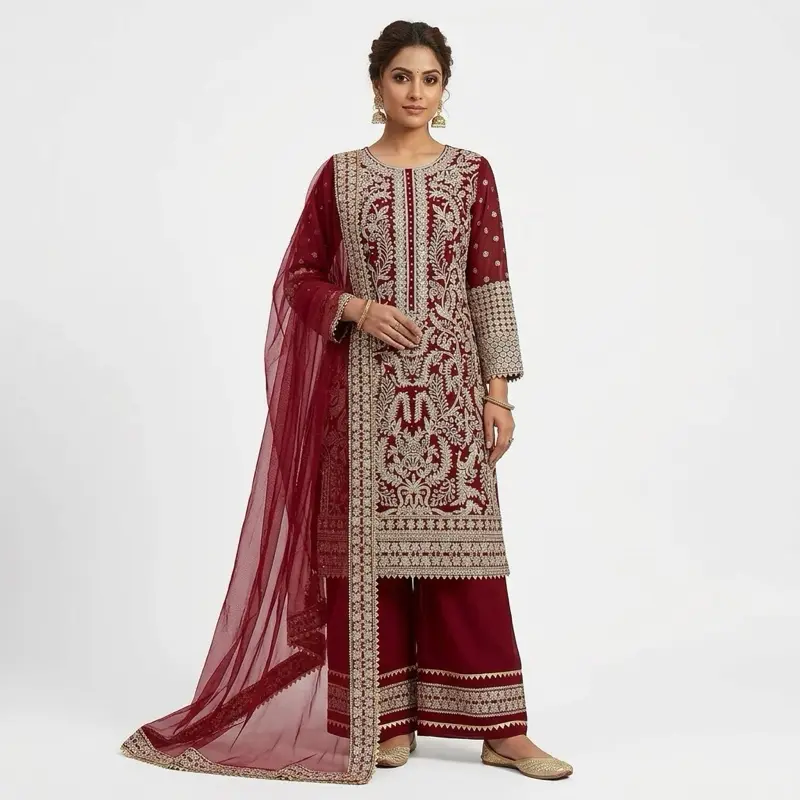 Indian Palazzo Suits in Dark Red Color with Intricate Embroidery and Matching Dupatta for Festive Wear Womenswear Asian