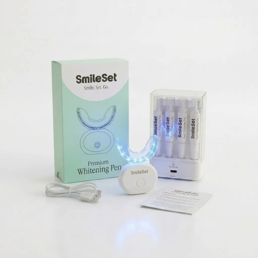 SMILESET Premium LED Teeth Whitening Kit - UV Light Professional At-Home System with 35% Carbamide Peroxide Gel, 4 Teeth Whitening Pens, Cordless Device, Sanitizing Charging Base, 6-Month Comprehensive Kit Contents Supply