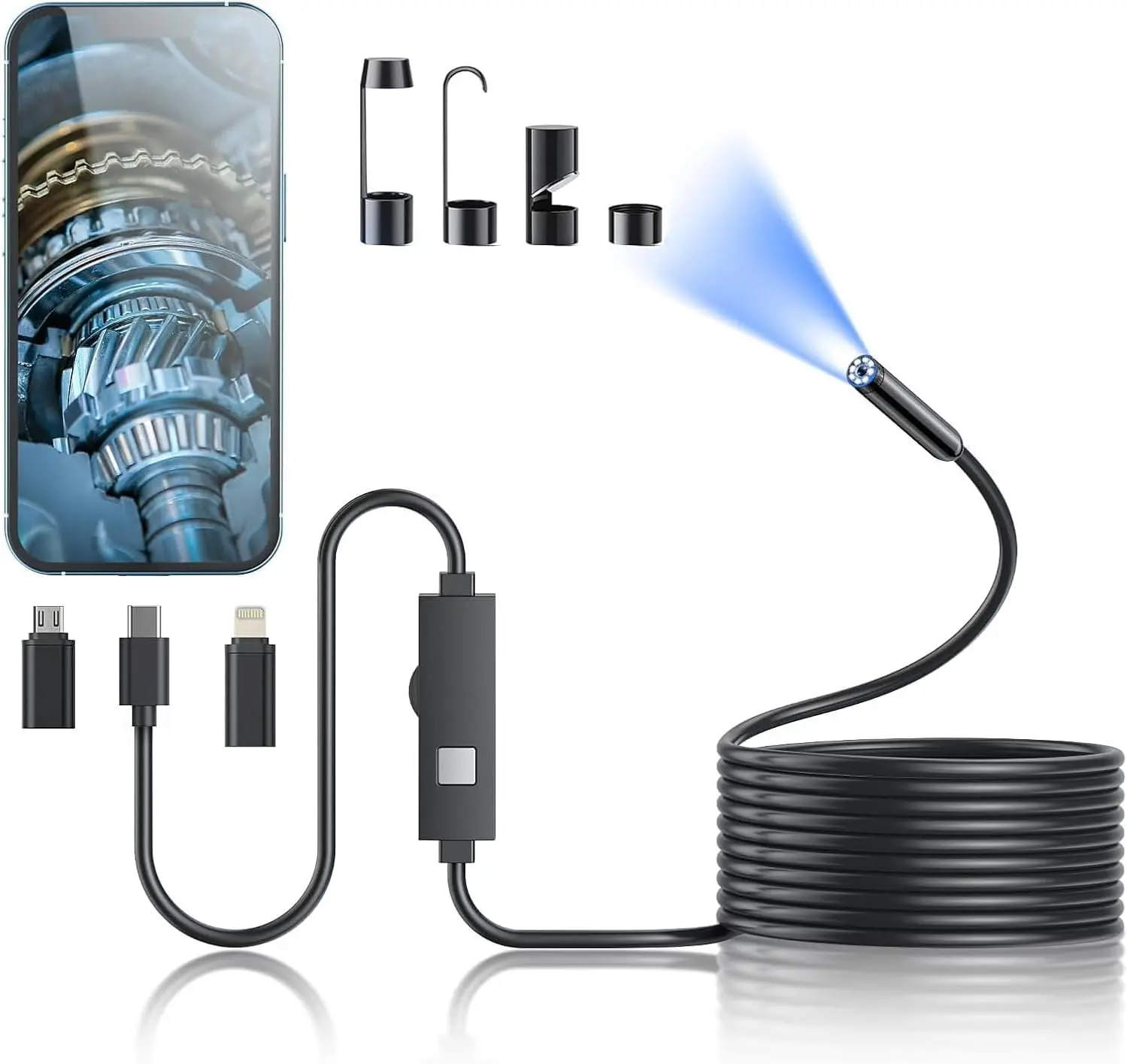 TechGuru Endoscope with LED Light and Multiple Adapters for iPhone and Android Devices TechGuru Endoscope with LED Light and Multiple Adapters for iPhone and Android Devices