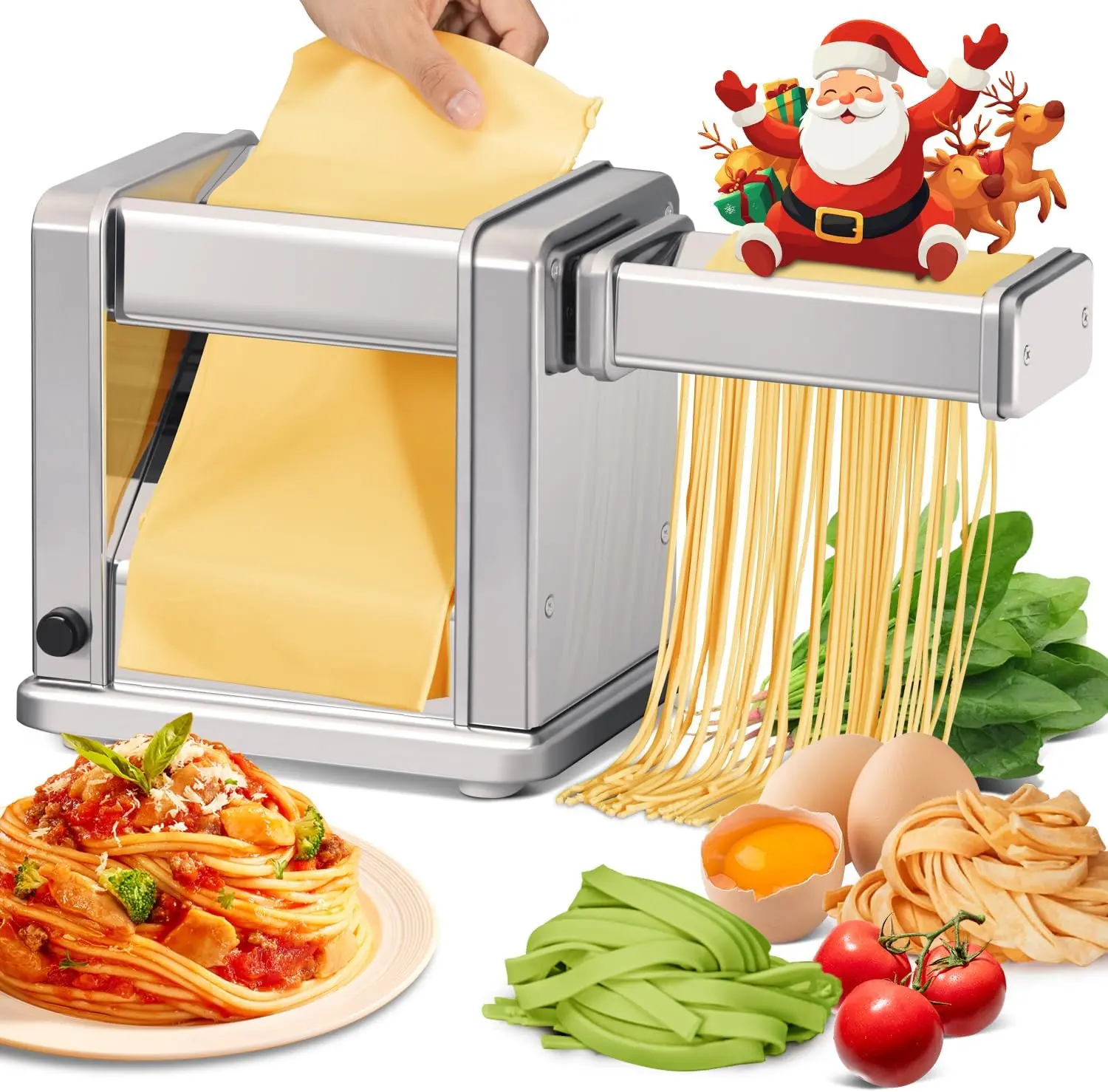 Summerwins Electric Pasta Maker - Stainless Steel Kitchen Cooking Accessories with Adjustable Roller & Cutter, 7 Thickness Settings & 2 Width Options for Spaghetti, Lasagna, Dumpling Wrappers