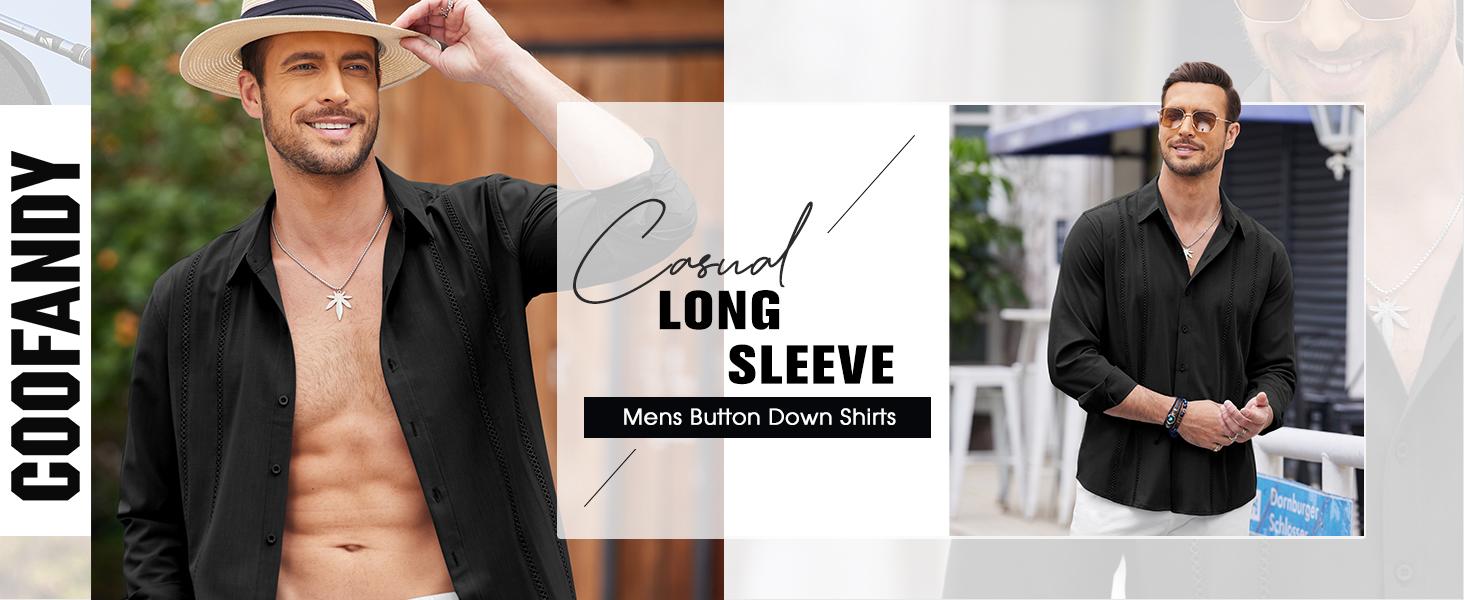 COOFANDY New York Fashion Week Mens Cuban Guayabera Lightweight Shirt  Casual Button Down Shirts Long Sleeve Beach Linen Shirts Menswear Tropical