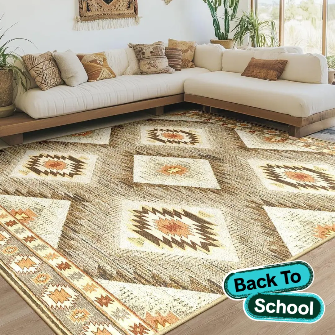 BESTSWEETIE | 8x10/9x12/10x14 Large Area Rugs – Machine Washable Boho Carpets for Living Room & Bedroom – Soft Faux Wool, Low-Pile, Non-Slip, Easy-Maintenance, Distressed Western Rugs for Home Decor, Home Essentials & Back to School Dorm Essentials