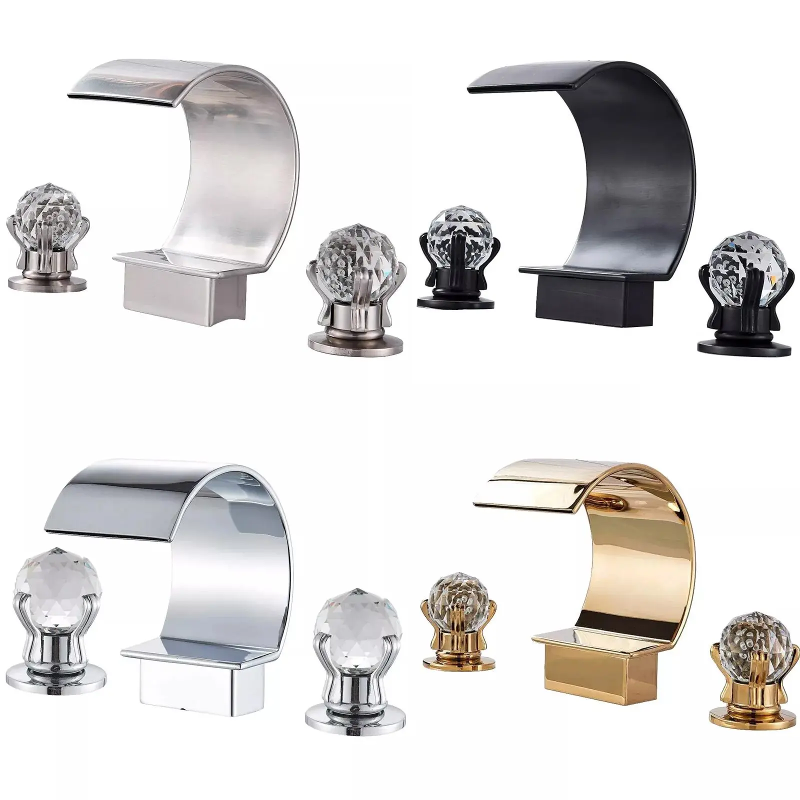 Modern Gold 3-Hole 2-Handle Crystal Knob High-Arc Waterfall Bathroom Sink Faucet - 8-in Widespread Vanity Basin Mixer Tap, Oil Rubbed Bronze Option, Oil Rubbed Bronze Bathroom Faucet, Waterfall Faucet For Bathroom Sink