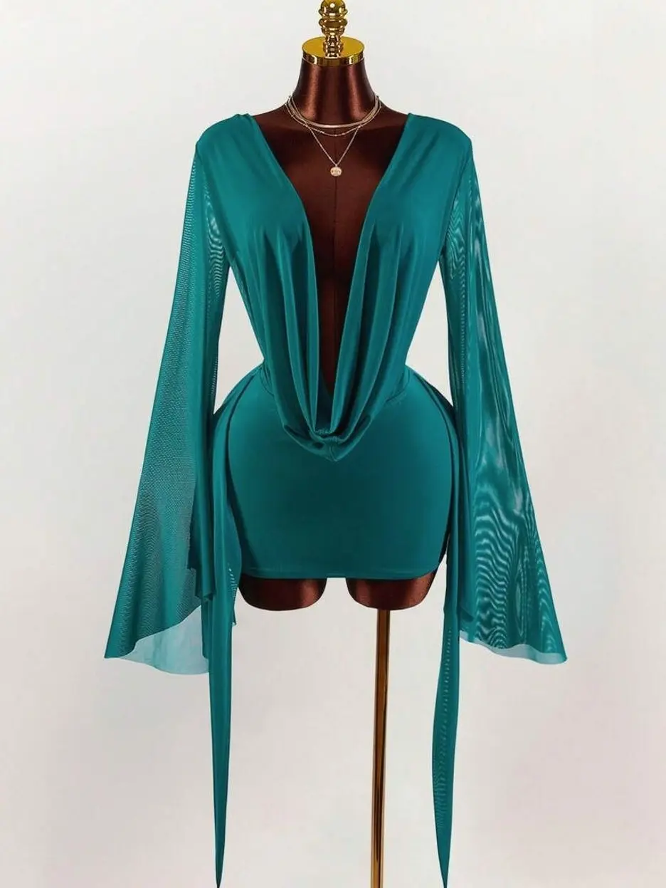 Women's Low-Cut Drape Collar Asymmetrical Mesh Cowl Slim Bodycon Mini Dress, Ruched Romantic Flare Sleeve Festival Party Casual Dress