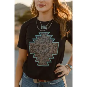 Women's Fashion Bronzed Bloom T-Shirt, Turquoise Leather Accent, Matching Short-Sleeve Top