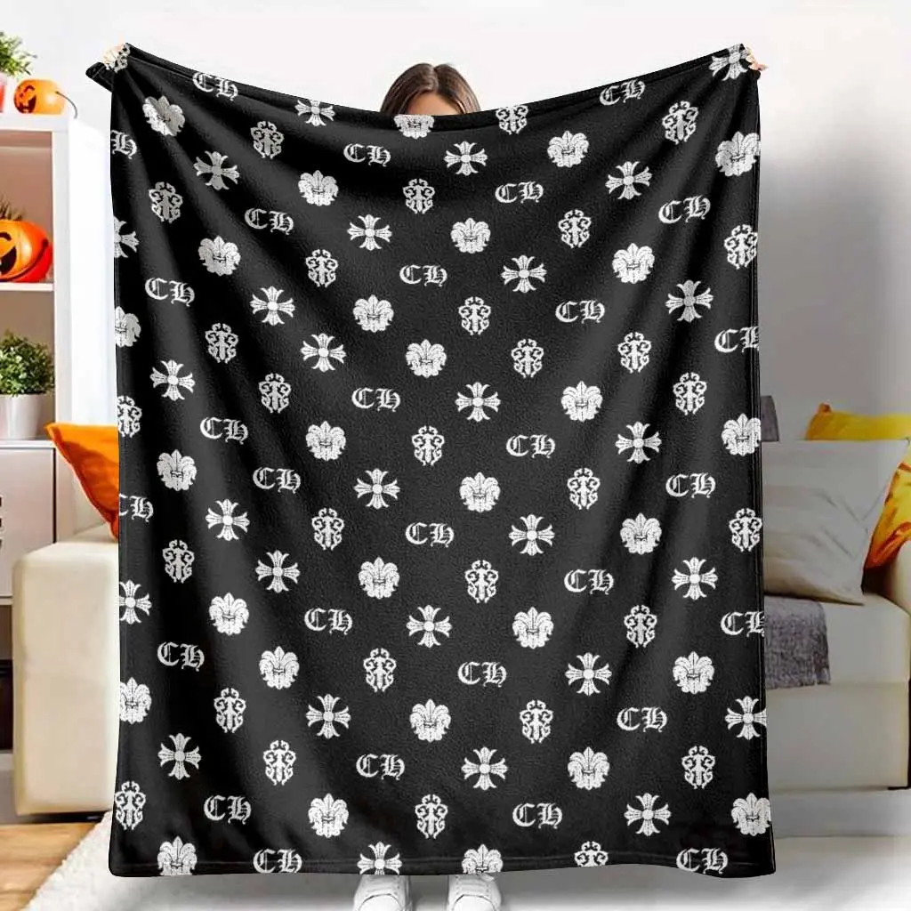Gothic Black White Flannel Blanket with Cross Fleur De Lis Letter Print Soft Warm Lightweight Cozy Throw for Sofa Bedroom Dorm Halloween Party Gift Home Decor