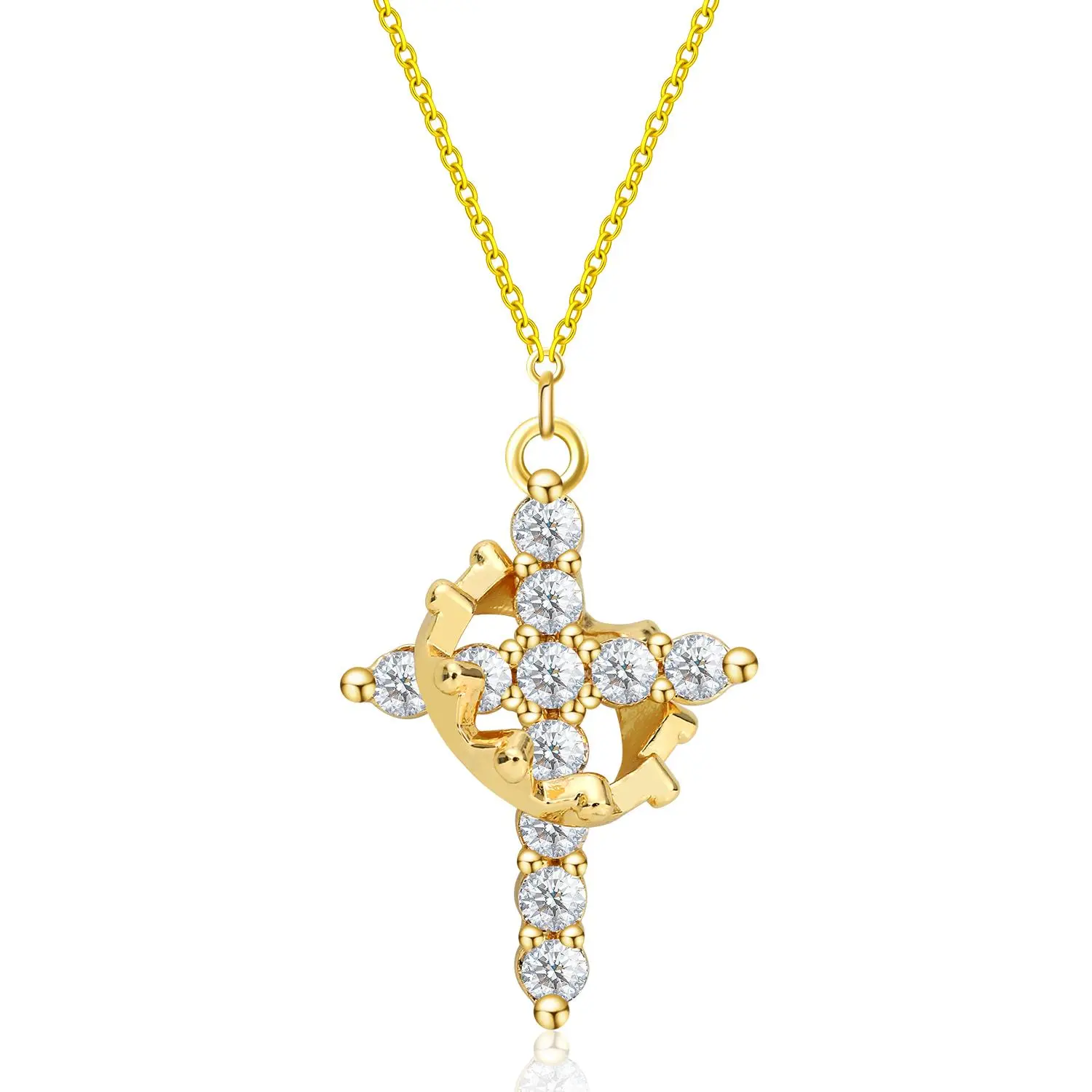Rotating crown cross 8K gold/silver necklace, unisex, nickel-free, adjustable chain, fashionable crystal pendant, suitable for parties and daily wear, fade-resistant, suitable as faith and prayer jewelry gift for men and women