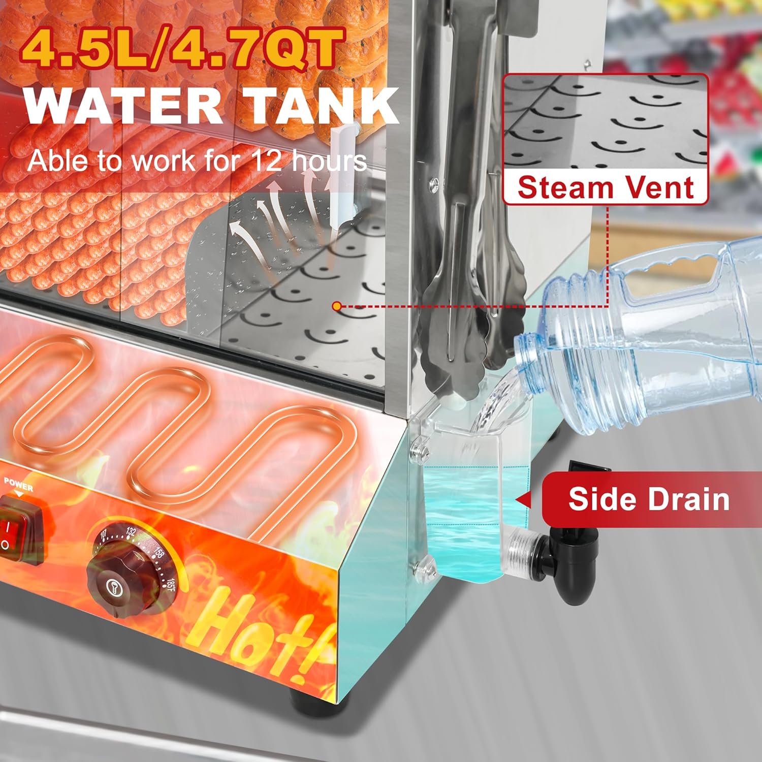 32QT Hot Dog Steamer, 2-Tier Stainless Steel Hot Dog Hut Steamer with Bun Warmer, Electric Hot Dog Bun Steamer with Sliding Door and Clip, Hold 175 Hotdogs and 40 Buns, 32℉-185℉ Temp Control, 1000W