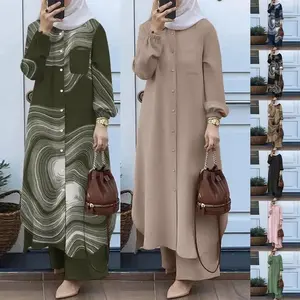 Women Eid Musulman Ramadan Muslim Sets Solid Shirts Wide Leg Pants Islamic Clothing Two Pieces Dubai Kaftan Prayer Clothes Plus Size Jilbab Casual