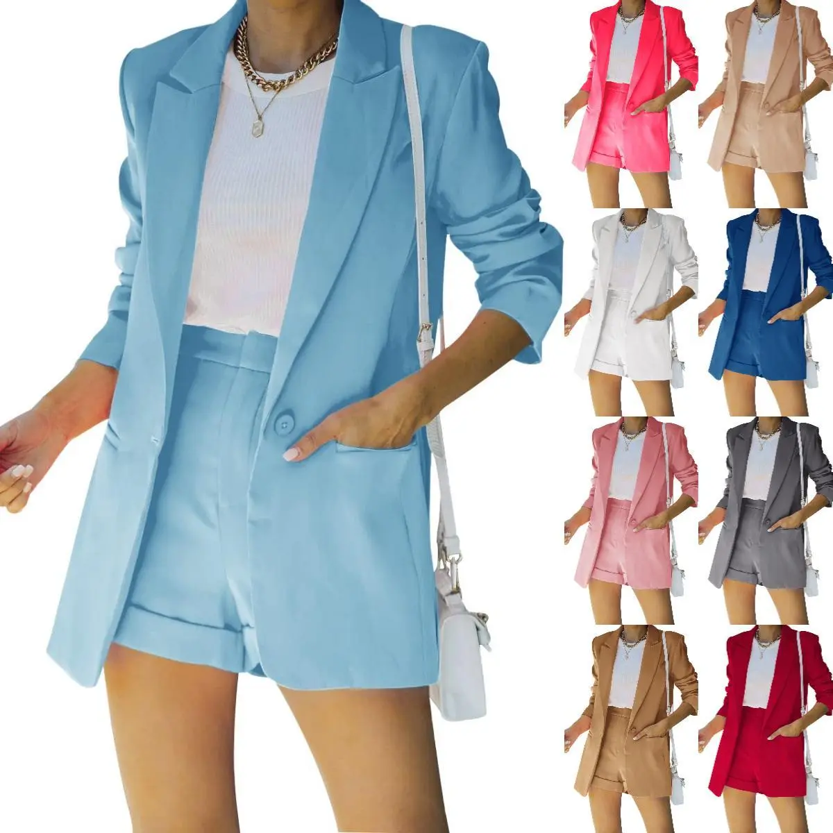 PASLTER Women's Elegant Fitted 2-Piece Open Front Longsleeves Blazer & Solid Shorts Suit Set, Corporate Office Wear (M7G069)
