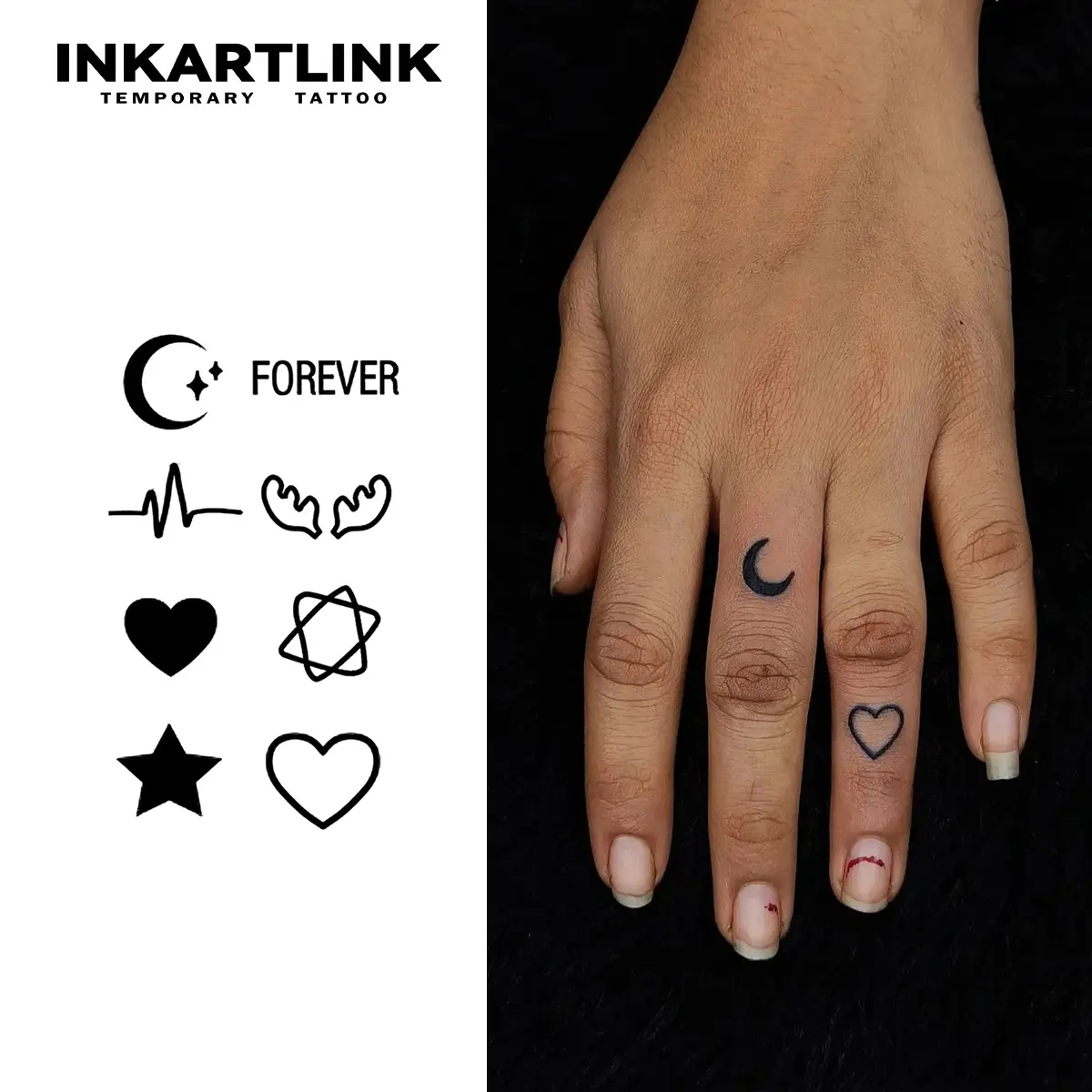 INKARTLINK 2 Minimalist Temporary Tattoo Sticker Sheets - Basic, Styling Waterproof Matte Tattoos with Aesthetic 'Forever' Lettering, Moon & Heart Designs, Apply Easily Single Item for Hand/Finger All Skin