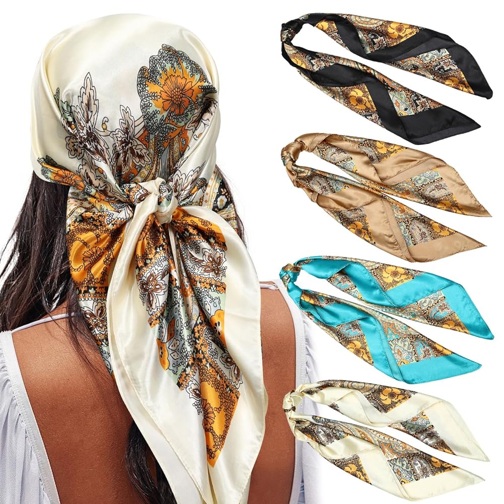 4PCS/Set 35'' Printed Square Head Scarf Silk Like Neck Scarves for Women Hair Kerchief Bandanas Scarf Sleeping Head Wraps Hair Band Headscarf Female Hair Accessories