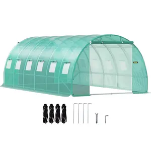 VEVOR Walk-in Tunnel Greenhouse, 20 x 10 x 7 ft Portable Plant Hot House with Galvanized Steel Hoops, 3 Top Beams, Diagonal Poles, 2 Zippered Doors & 12 Roll-up Windows, Green