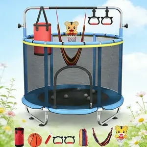 60" Kids Trampoline with Safety Net, Indoor Outdoor Toddler Trampoline with Swing, Adjustable Gym Bar & Basketball Hoop, Fun Active Play Toy for Boys Girls - Outdoor Trampoline