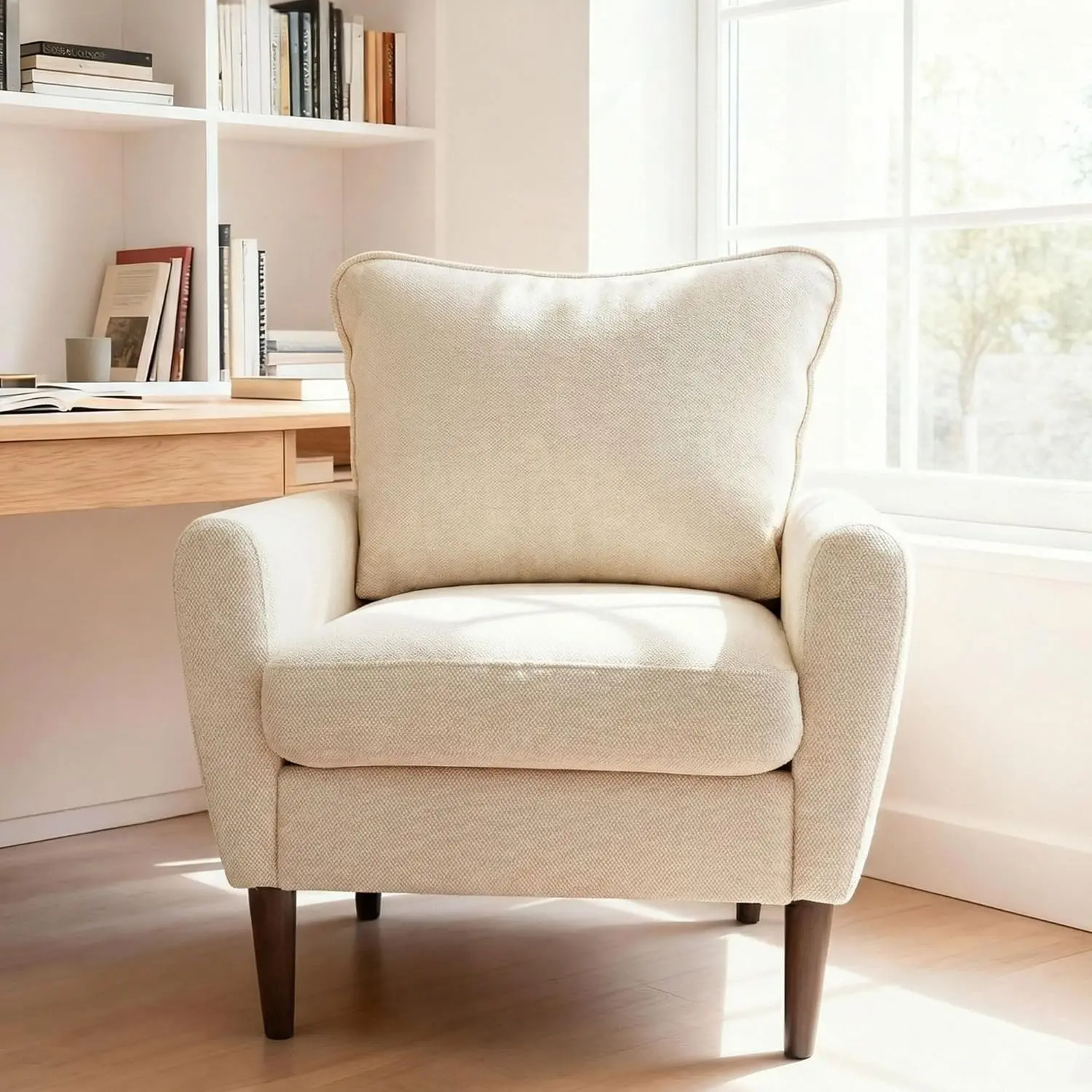 Mid-Century Modern Accent Chair with Pillow, Wide Upholstered Lounge Chair with Solid Wood Legs for Living Room, Bedroom & Office (Beige/Green/Gray)