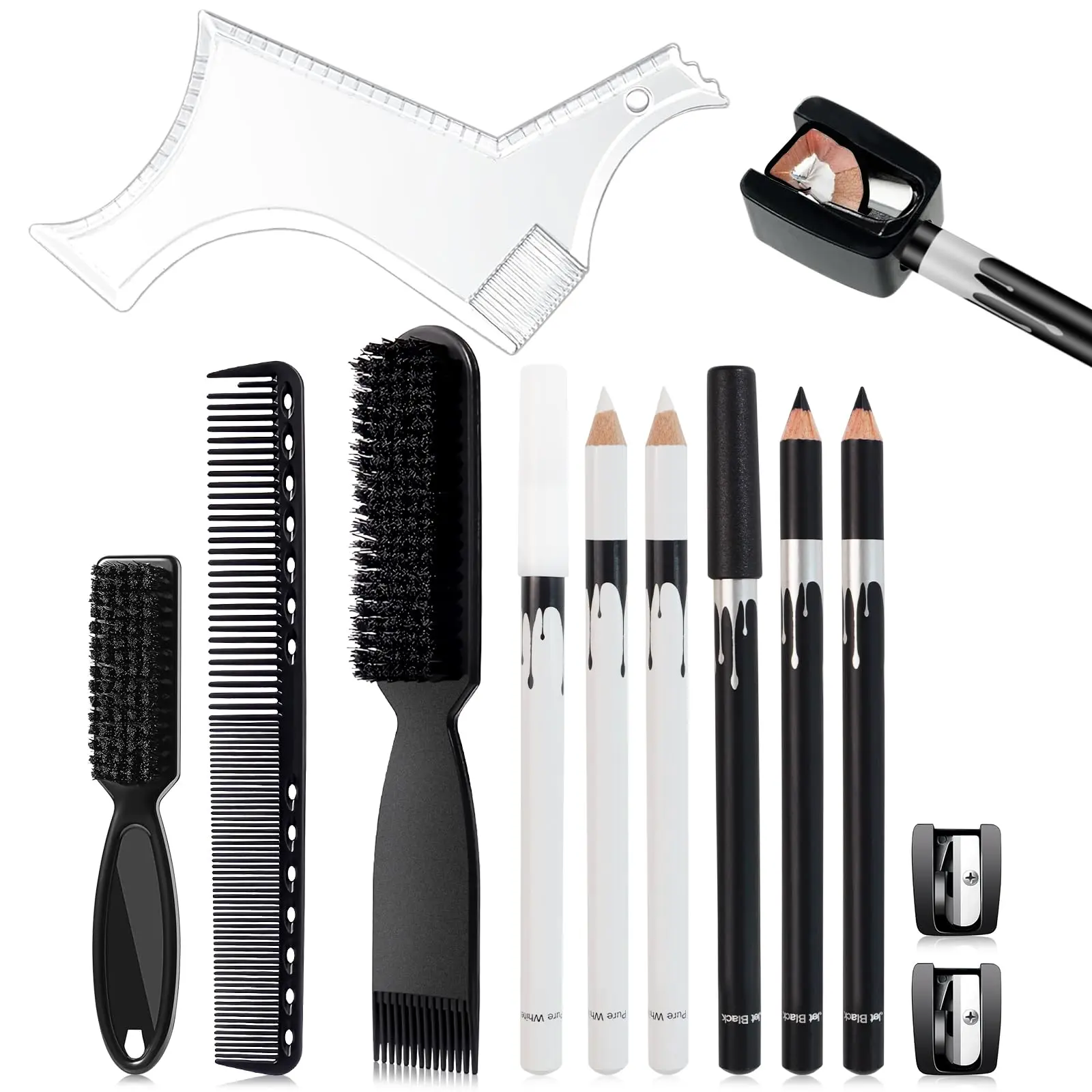 12 Pcs Beard Shaper Tool Kit for Men Grooming,White Black Barber Pencil for Lineup Edging with Sharpener,Hairline Beard Guide Shaping Barber Comb Clipper Cleaning Brushes Hair Combs Set,Hand Tools Kits