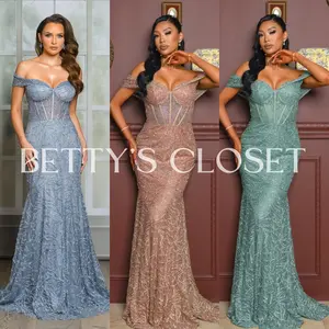 Diamante Off Shoulder Corset Glitter Glam Gown w/ Lace Up Back