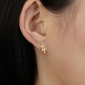 Gold Double Cross Stud Earrings for Women andMen 14K Gold Plated Double Piercing CrossEarrings Lightweight Accessory Earring