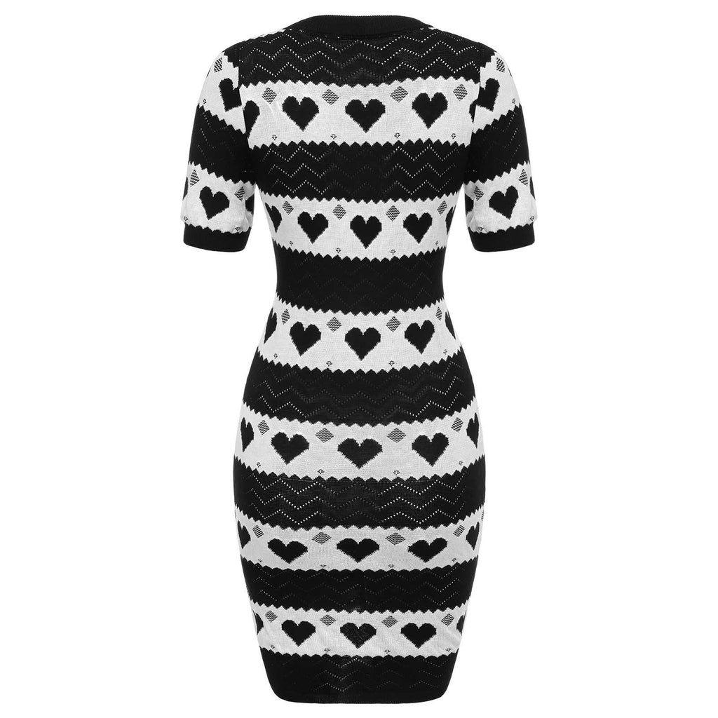 BLACK 1960S CONTRASTING HEART KNITTING DRESS Casual Chic Outfit Casual Boho Elegant Round Neck Womenswear