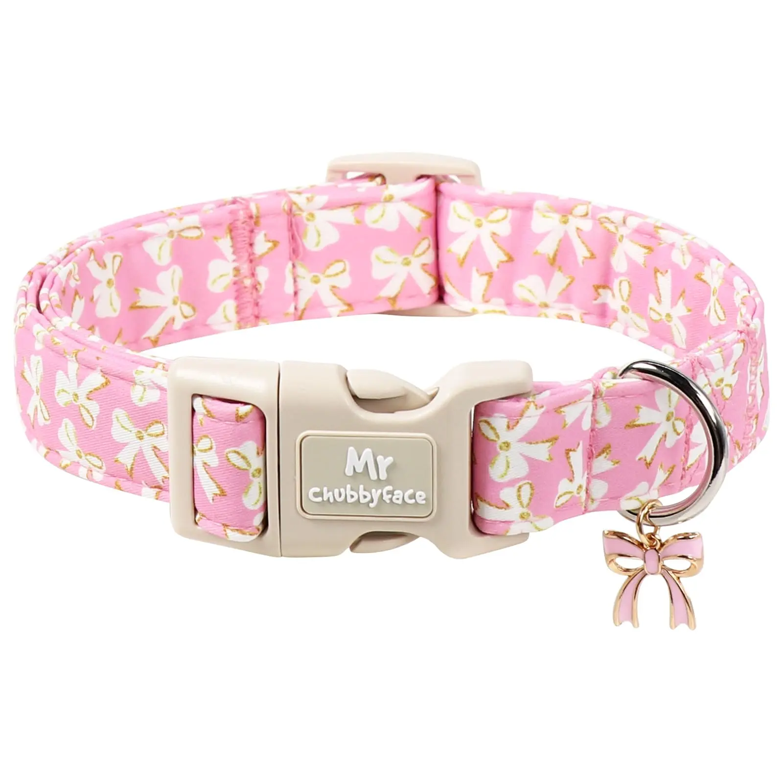 Mr.Chubbyface Pink Cotton Dog Collar - Cute Pink Bow, Detachable, Chew-Resistant, Quick-Release Buckle, Adjustable Collars for Small to Medium-Large Dogs with Universal Fit, Stain Proof