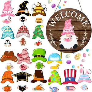 Valentine's Day Gift Interchangeable Wooden Gnome Decor Holiday Seasonal Gnome Decorations with 15 Magnet Pieces and 15 Detachable Hats Gnome Changeable Welcome Sign for Home