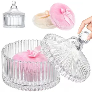 3 Pcs Large Body Powder Puff and Container Valentine's Day gift Powder Container with Puff Crystal Case Soft Washable Reusable Velour Face Body Glitter Wet Dry Makeup