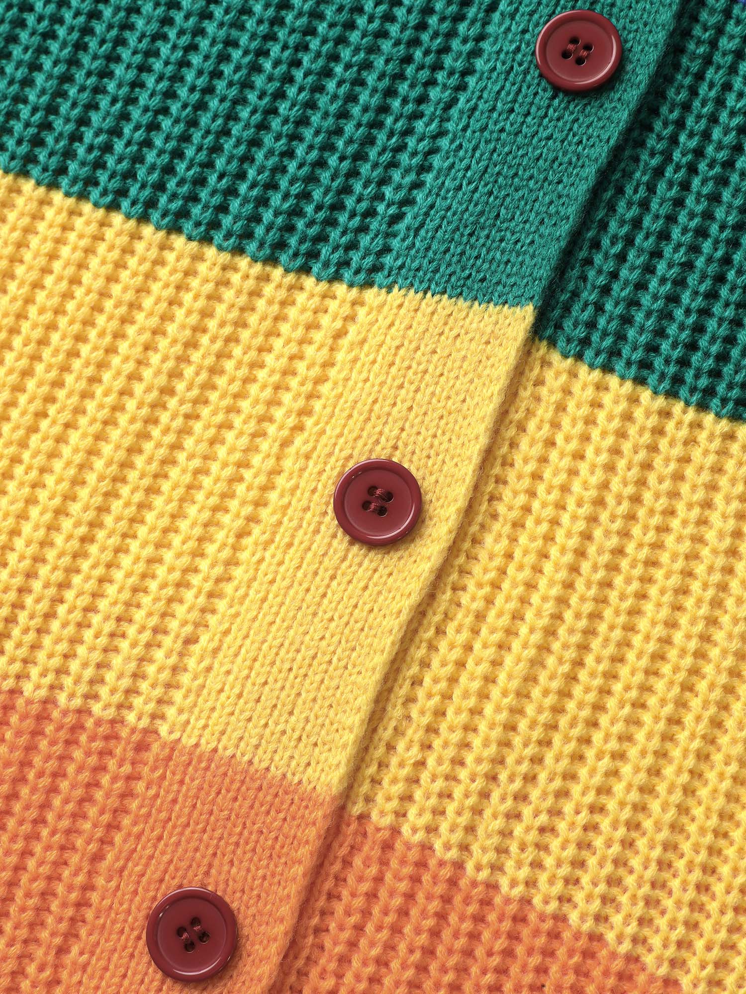 BLOOMCHIC Colorblock Contrast Texture Button Cardigan Long Sleeve V-Neck Fitted Casual Winter Multicolor Geometric Print Acrylic Vneck 2026 Spring Break Gift For Easter's Day Mother's Day