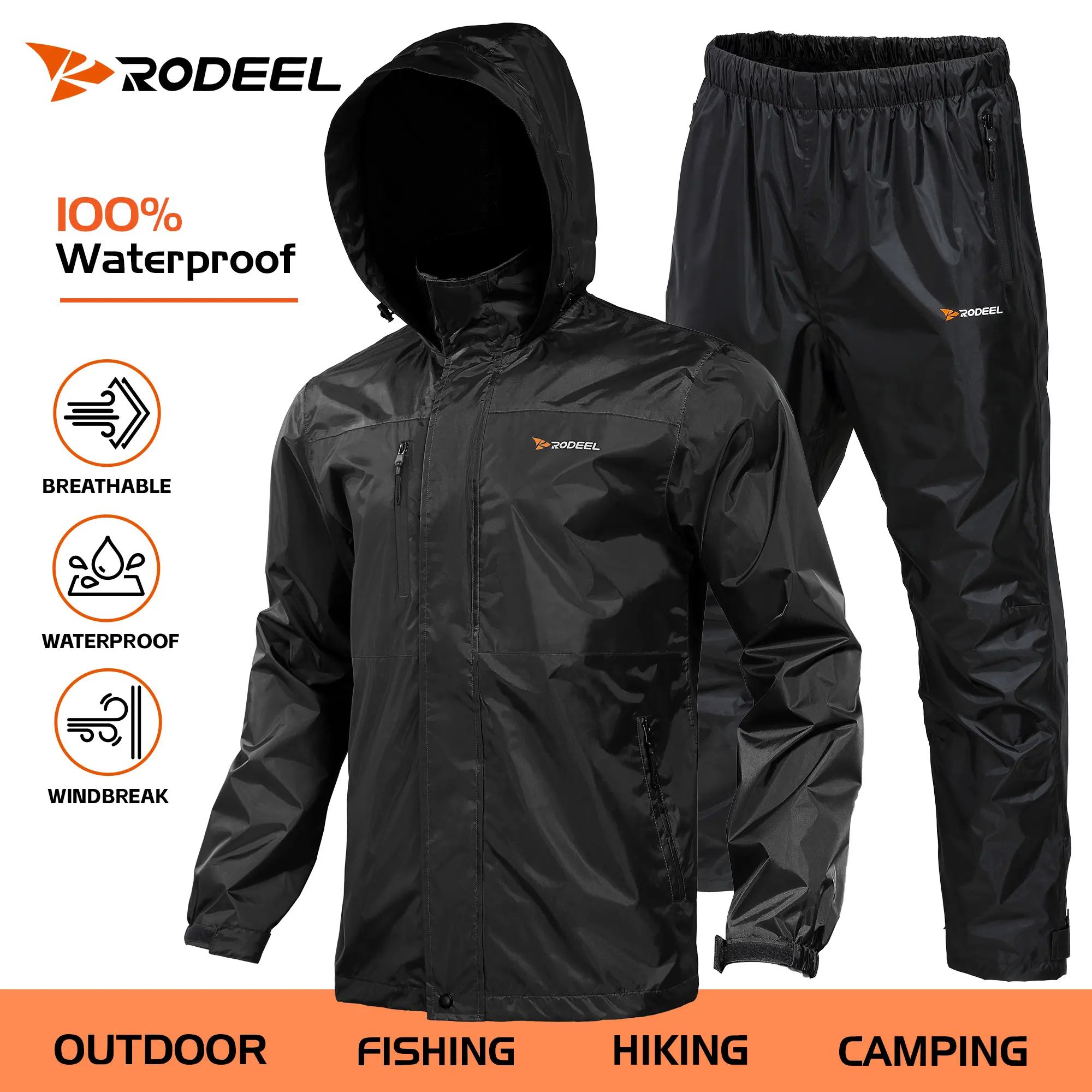 【RODEEL】702 Men’s Waterproof Jacket and Pants Set Lightweight Breathable Full Zip Adjustable Hooded Rain Suit Durable Weatherproof Rainwear Workwear for Outdoor Fishing Boating Construction Roofing Landscaping SummerWins