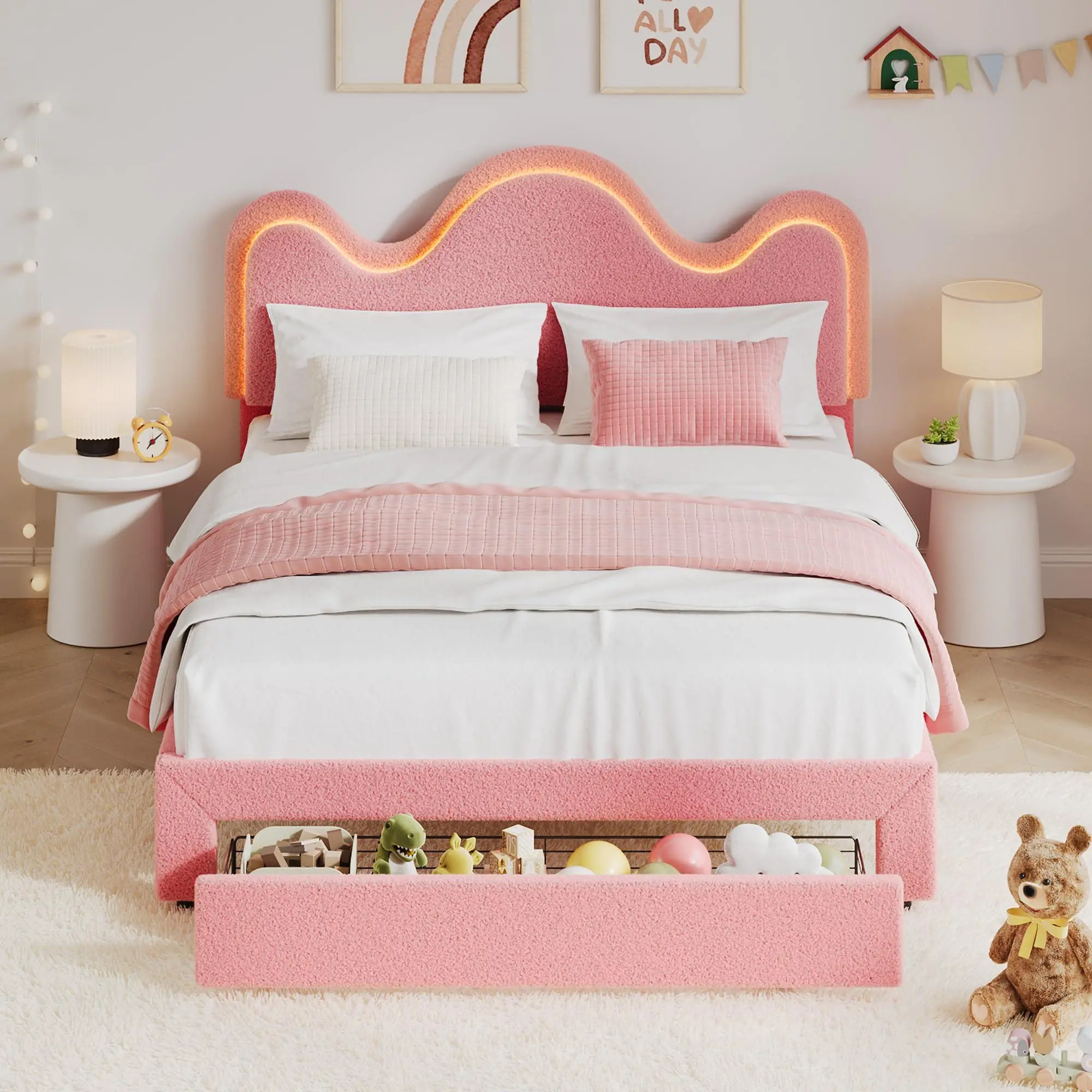 Pink Queen Bed Frame with LED Headboard and Under-Bed Drawer, Metal Upholstered Platform Bed with LED Light for Kids, Girls, Lamb Fleece Fabric, Wooden Slats Support, No Box Spring Needed