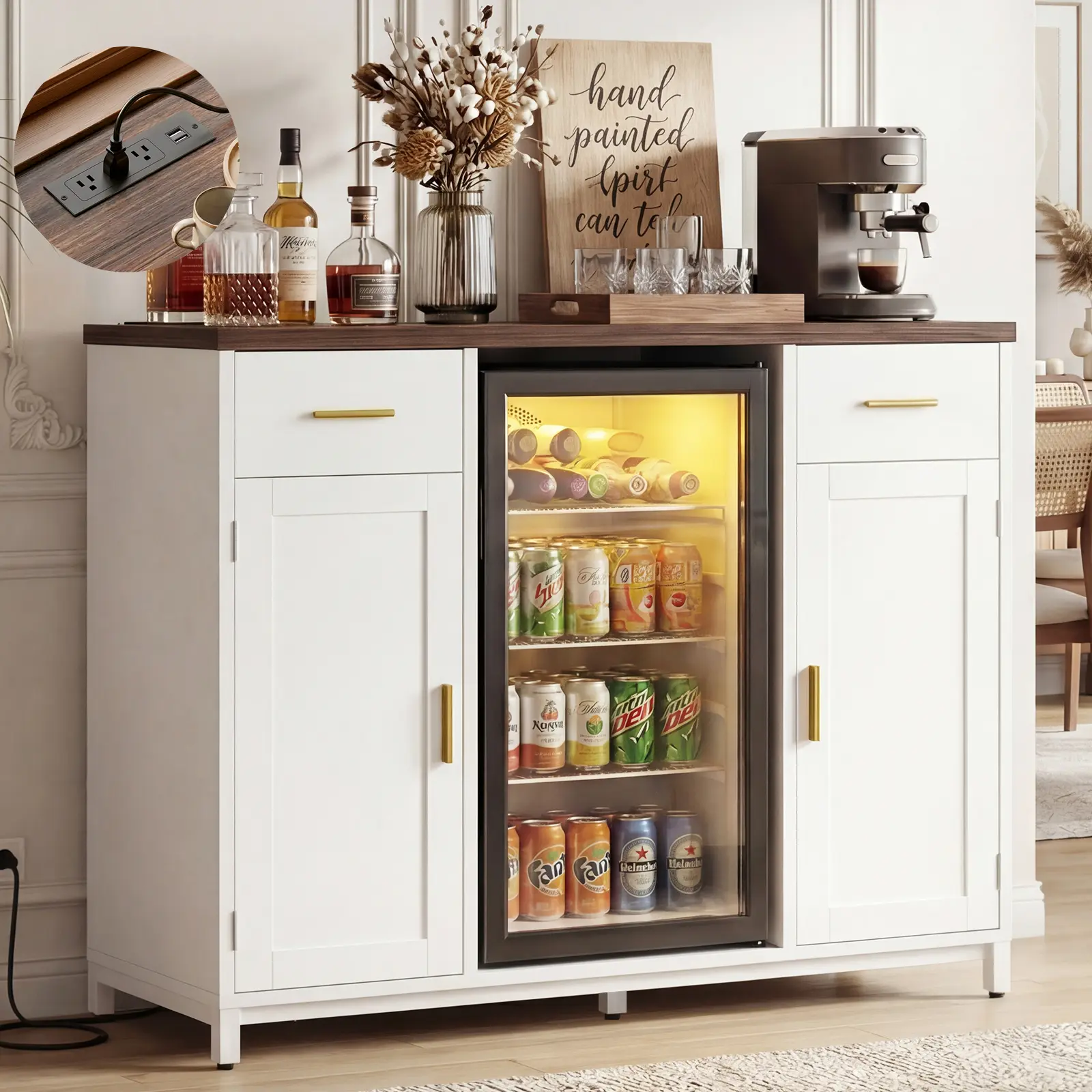 Farmhouse Coffee Bar Cabinet with Power Outlet, Liquor Wine Bar Cabinet with Mini Fridge Space (Fridge Not Included), Mini Fridge Cabinet Stand with Drawer and Door Storage, Buffer Cabinet Sideboard Table for Dining Room Kitchen furniture