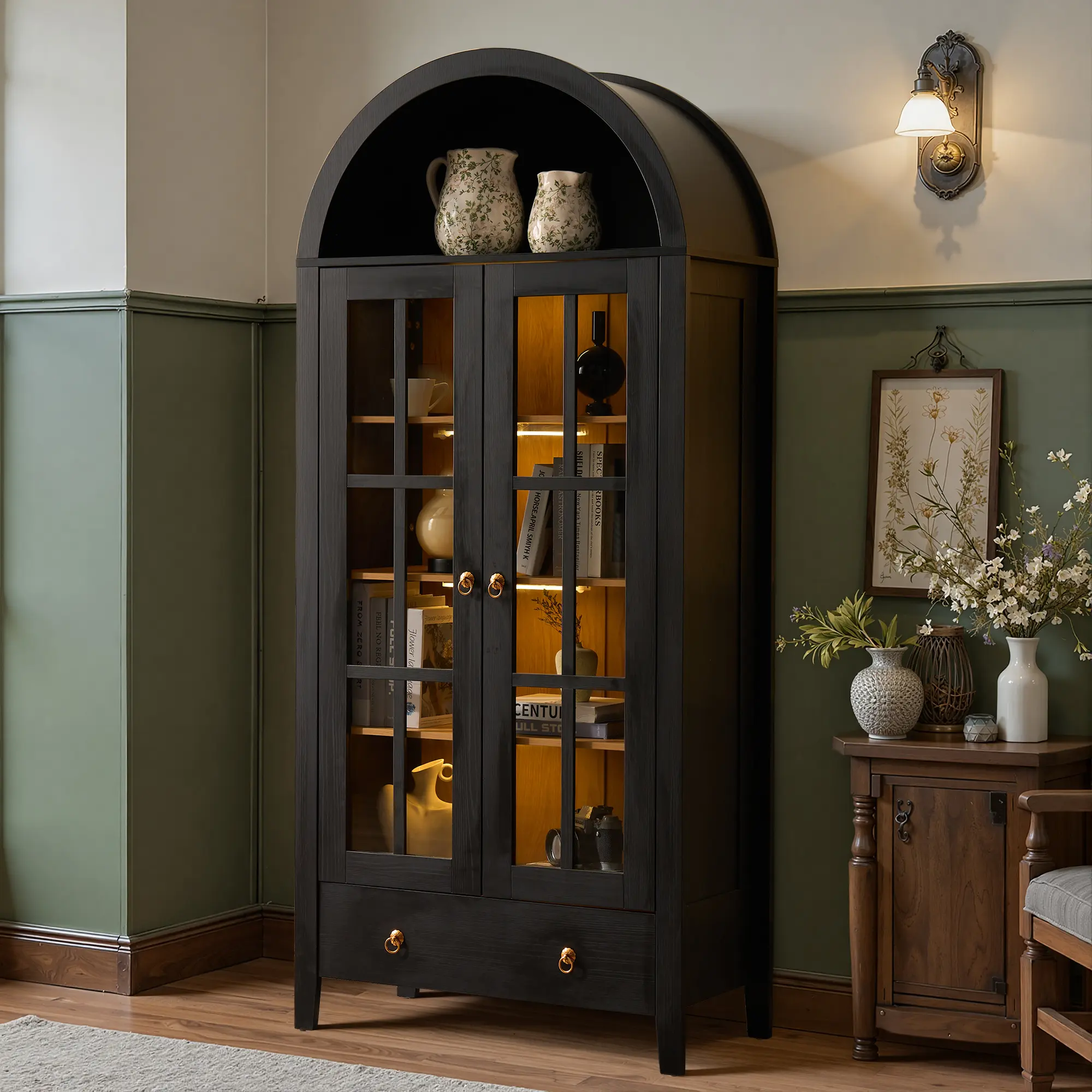 HOOOWOOO Arched Kitchen Pantry 71" Tall  with Magnetic LED Lights, Modern Farmhouse Wood Kitchens Storage Cabinets with Large Drawers and Glass Door, Versatile Cupboard for Kitchen, Dining Room, Bathroom, Livingroom