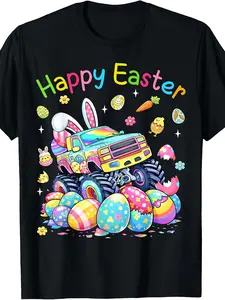 Happy Easter Truck Bunny Ears Easter Eggs Boys Kids T-Shirt Pure Cotton Cool Tees for Boys in Spring & Summer Size 120-160