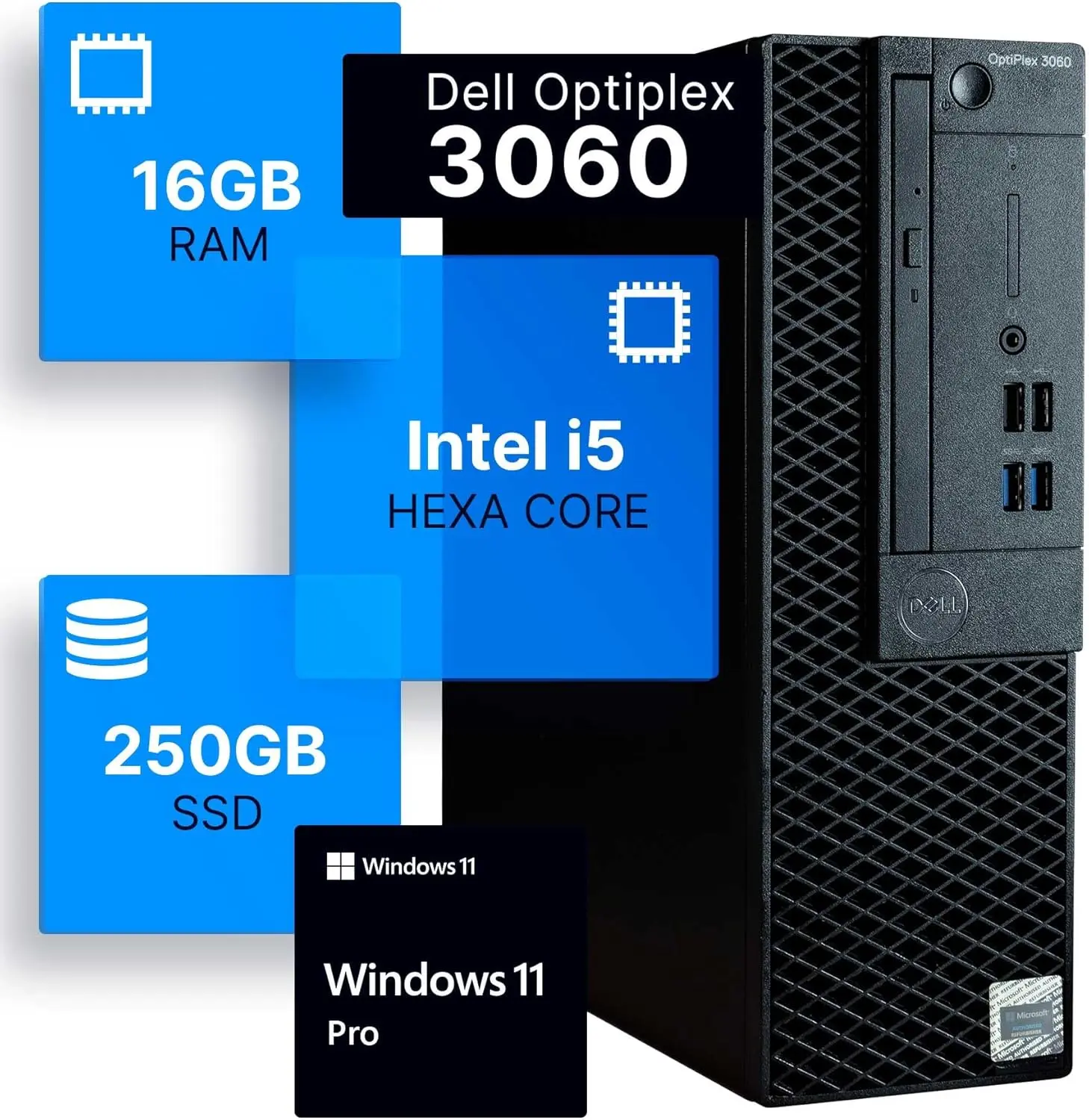 Dell Optiplex 3060 Desktop Computer | Intel i5-8500 (3.2) | 16GB DDR4 RAM | 250GB SSD Solid State | Windows 11 Professional | Home or Office PC (Renewed)