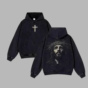 Jesus Crown of Thorns Washed Hoodie, Christian Apparel Streetwear, Oversized Menswear And Women Menswear Tops, Gym Pump Cover