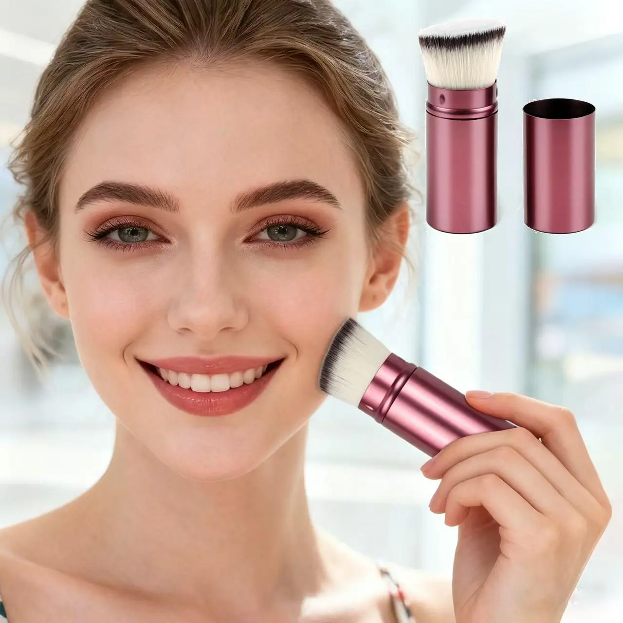 1pc retractable kabuki makeup brush, portable travel face brush with cover, suitable for foundation, powder, blush and bronzer, Beauty Travel Brush