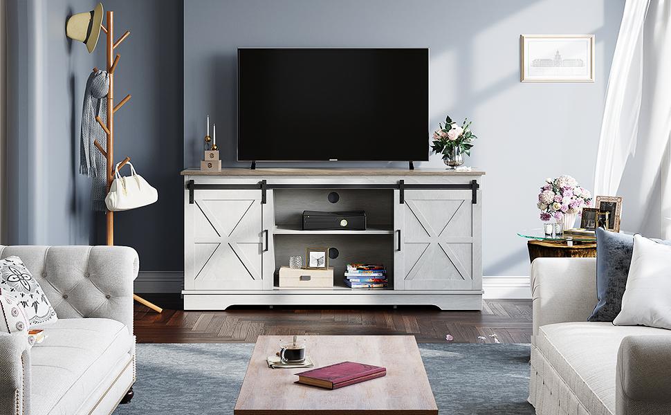 YITAHOME Farmhouse TV Stand for 65/60/55 Inch, Modern Entertainment Center with Sliding Barn Door, Wood TV Media Console Storage TV Cabinet for Living Room, 300lbs
