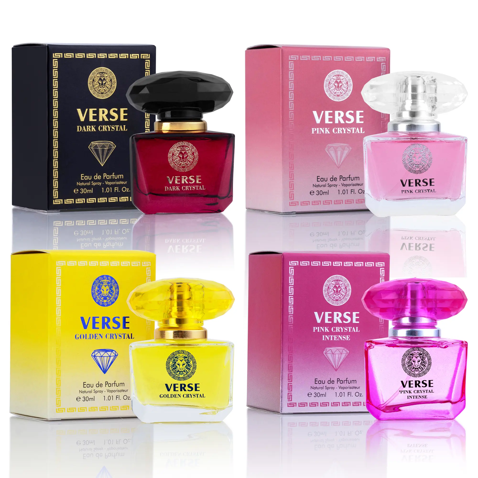 NOVOGLOW Verse Women's 4-PC Palmsize Mini Perfume Gift Set - Travel-Friendly Fresh EDP, 4x30ml Lemon-Lime Fragrance with Floral, Citrus & Amber Notes, Golden, Dark, Pink & Intense Pink Variants, Long-Lasting Gifts for Girlfriend, Gf Gift